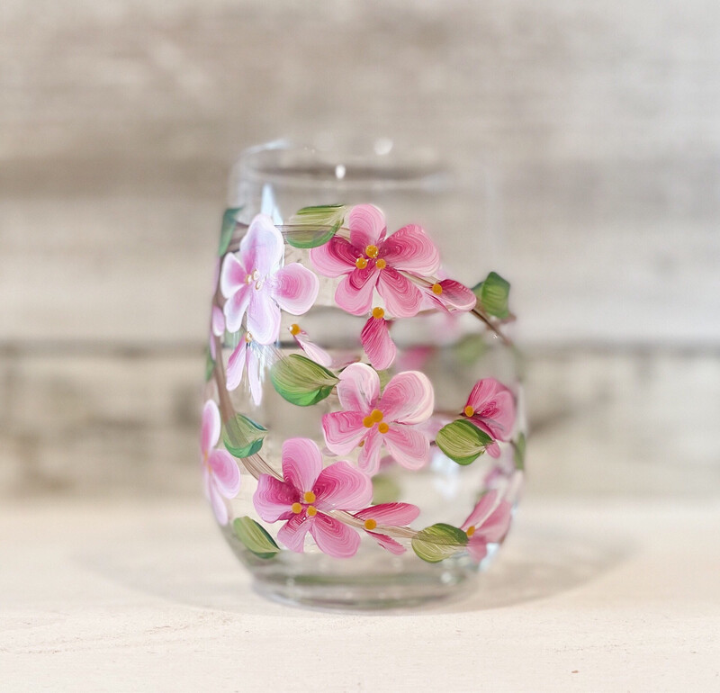 Hand Painted Cherry Blossom STEMLESS Glass