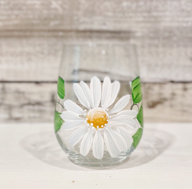 Hand Painted White Daisy STEMLESS Glass