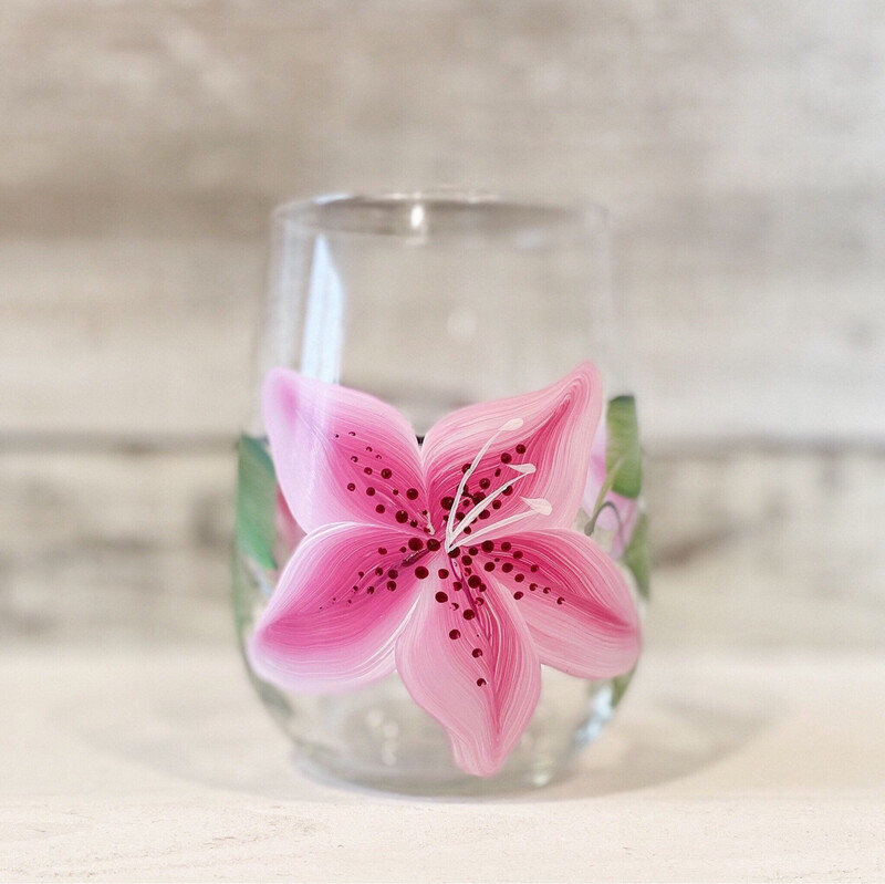Hand Painted Pink Stargazer Lily Glass STEMLESS