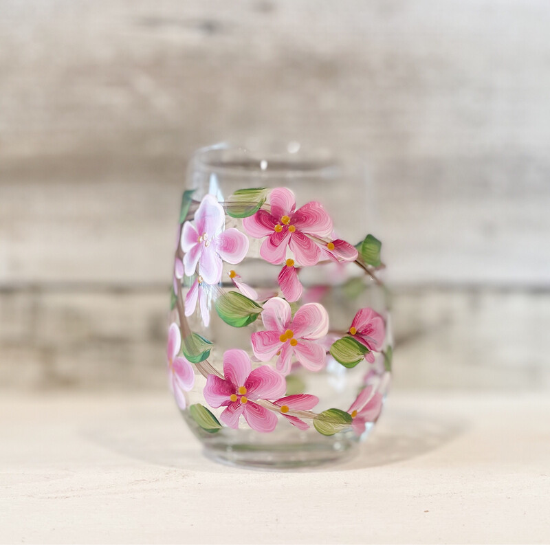 Hand Painted Cherry Blossom STEMLESS Glass