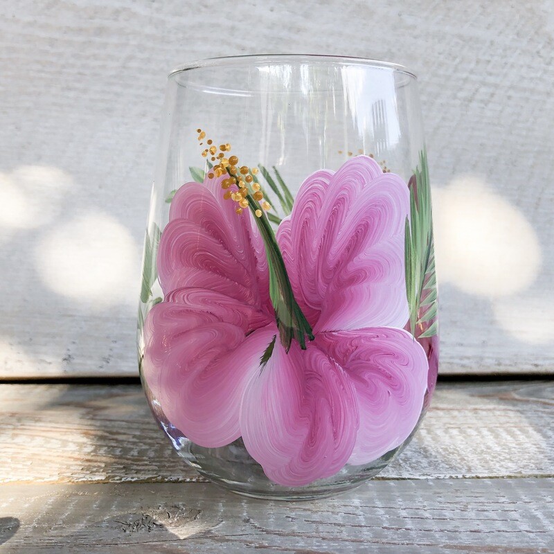 Hand Painted Pink HIbiscus STEMLESS Glass