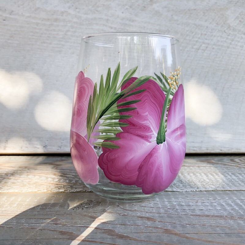 Hand Painted Pink HIbiscus STEMLESS Glass