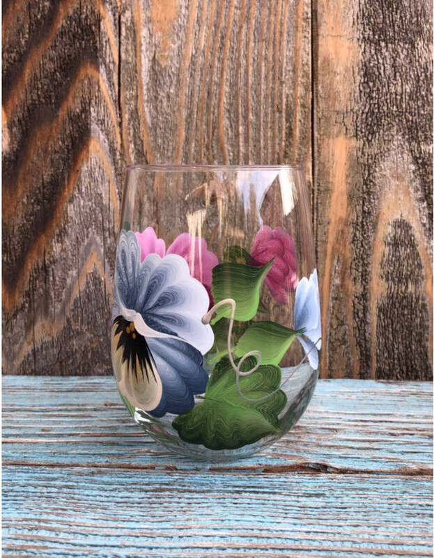 Hand Painted Pansy Stemless Glass