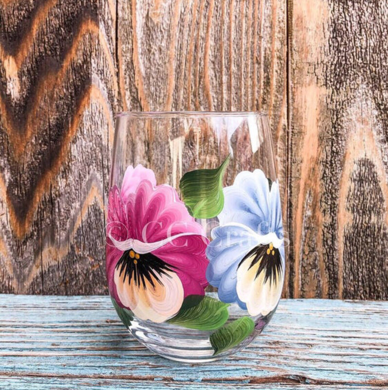 Hand Painted Pansy Stemless Glass