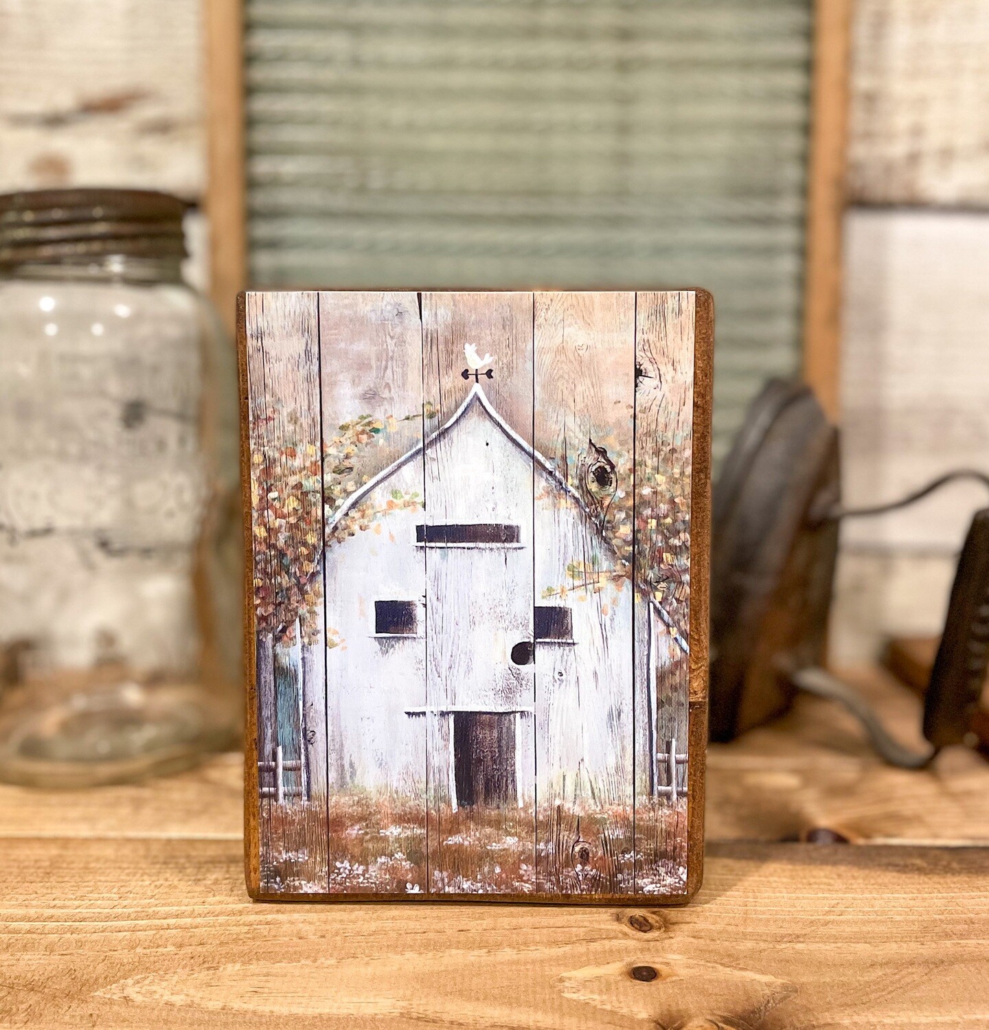 White Barn with Gold Shelf Sitter