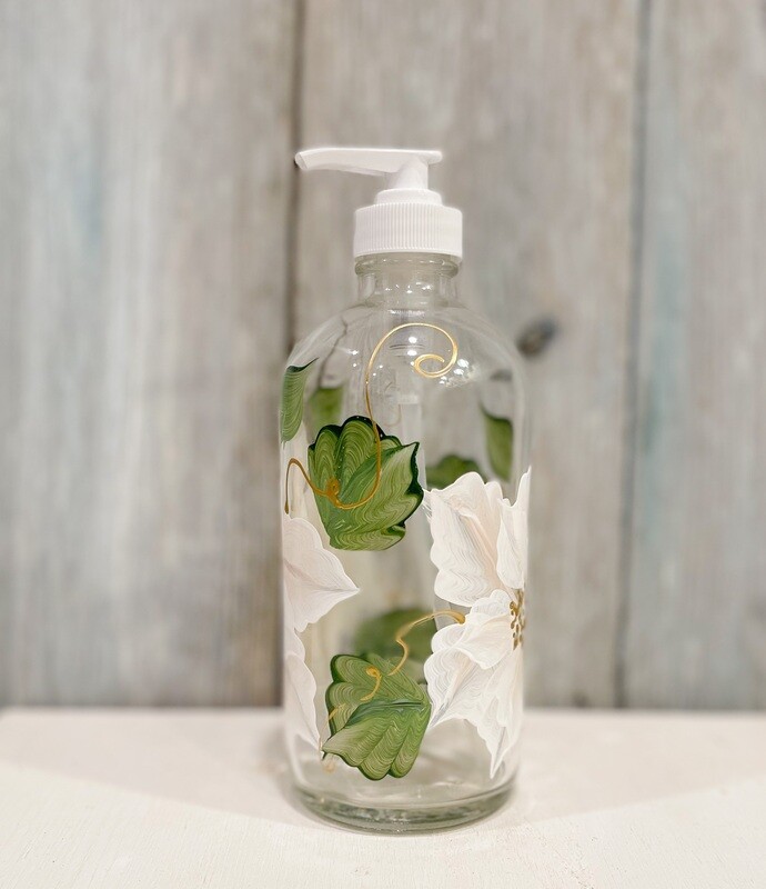 Hand painted HolidayWhite Poinsettia Soap/Lotion Bottle