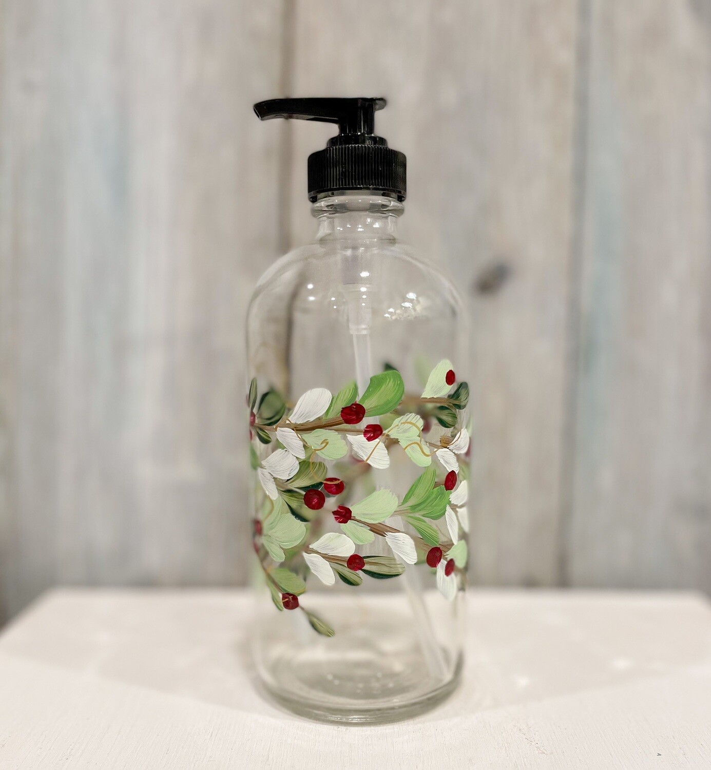 Hand painted Boxwood Wreath with Red Berries Soap/Lotion Bottle