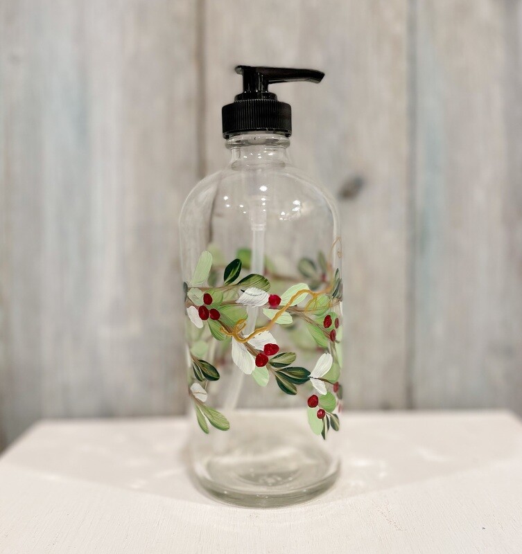 Hand painted Boxwood Wreath with Red Berries Soap/Lotion Bottle