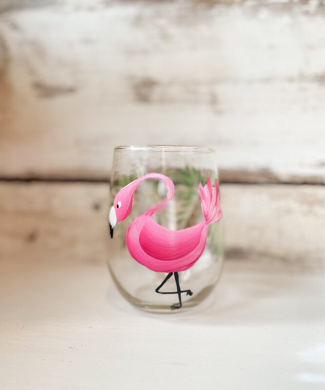 Hand Painted Pink Flamingo Glass STEMLESS