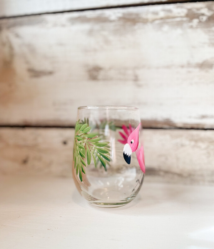 Hand Painted Pink Flamingo Glass STEMLESS