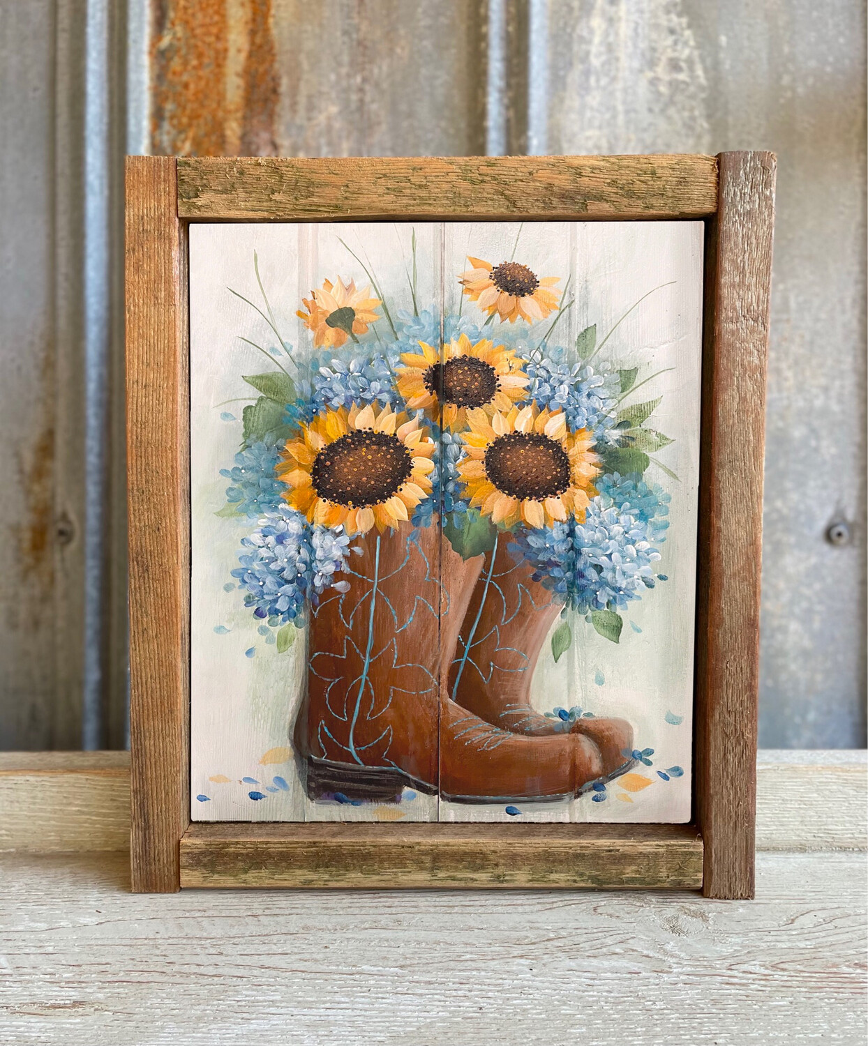 Sunflower in Boots Canvas Print with Reclaimed Wood Frame