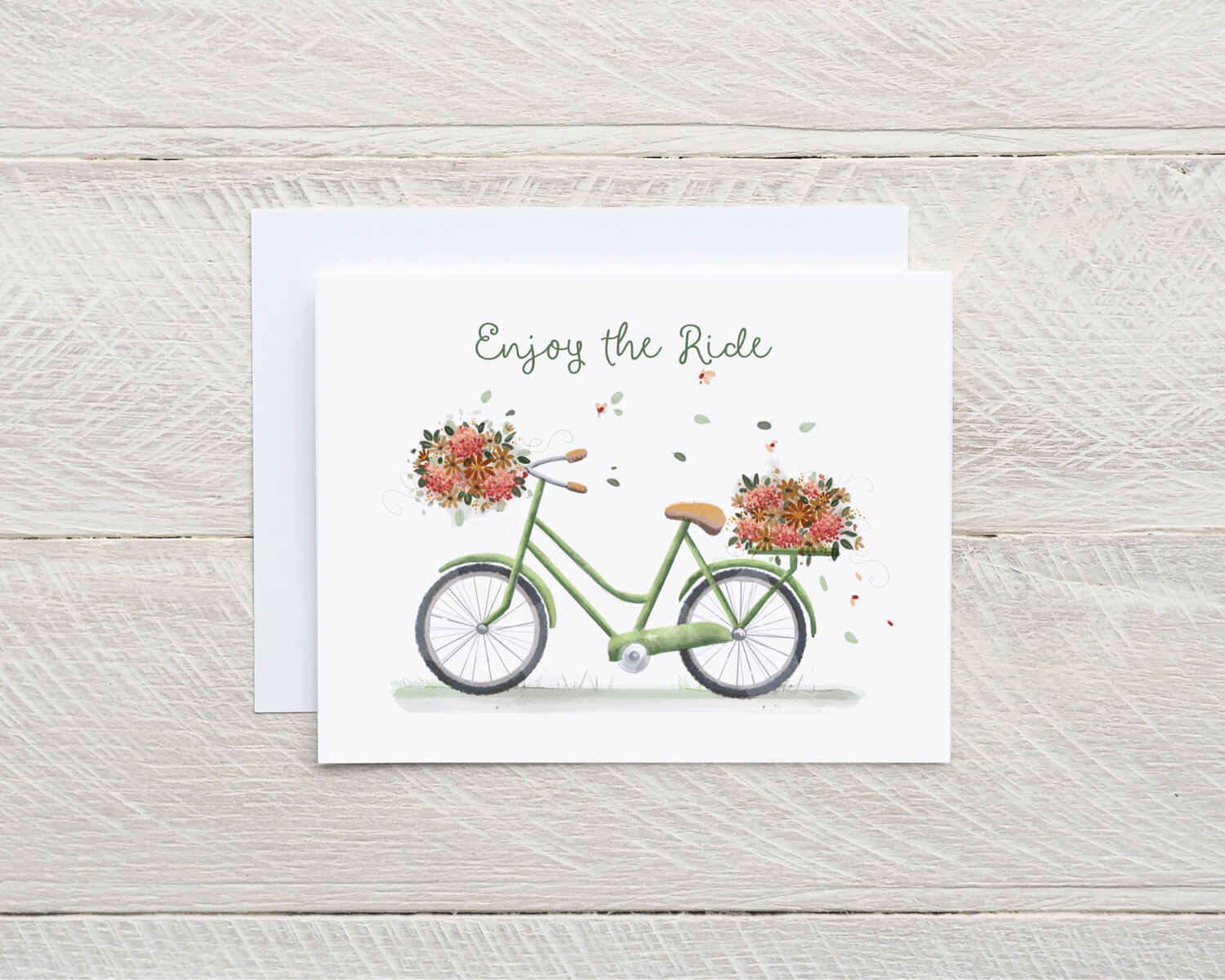 Enjoy The Ride Handmade original design Blank inside, Bicycle and flowers card with white envelope. A2 size. 4.25 x 5.5