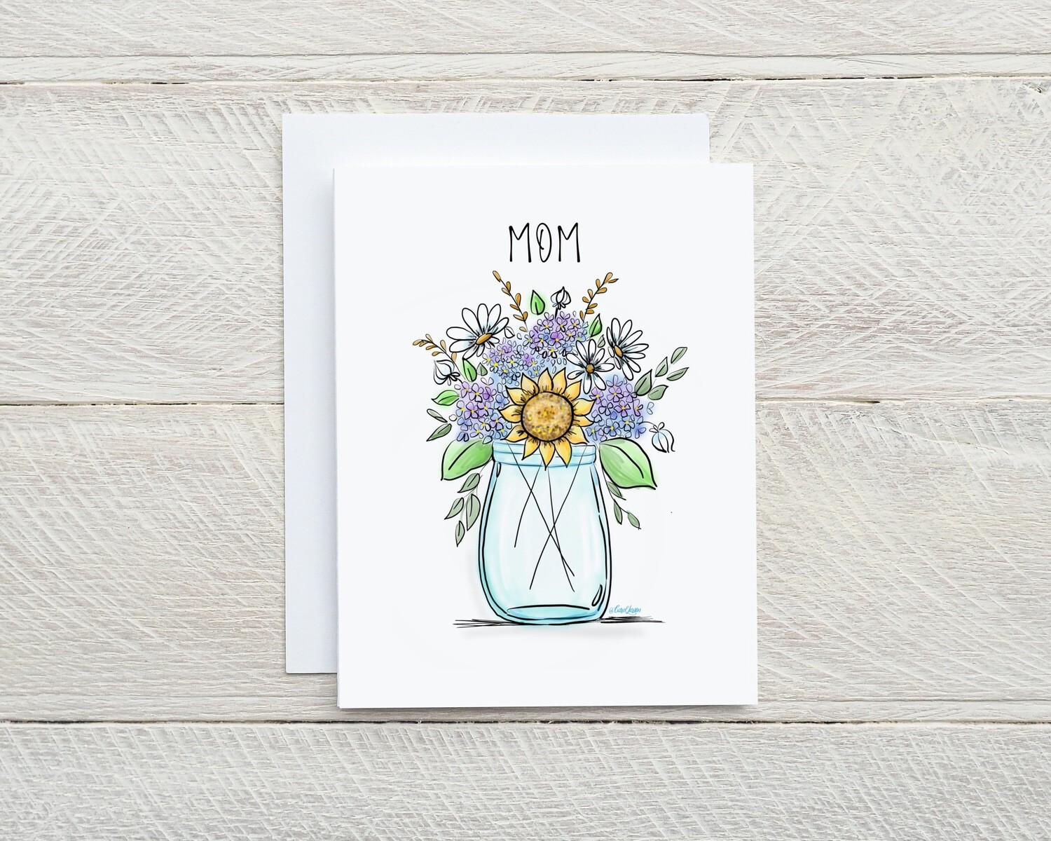 MOM Card original design Blank inside, flowers in mason jar card with white envelope. A2 size. 4.25 x 5.5