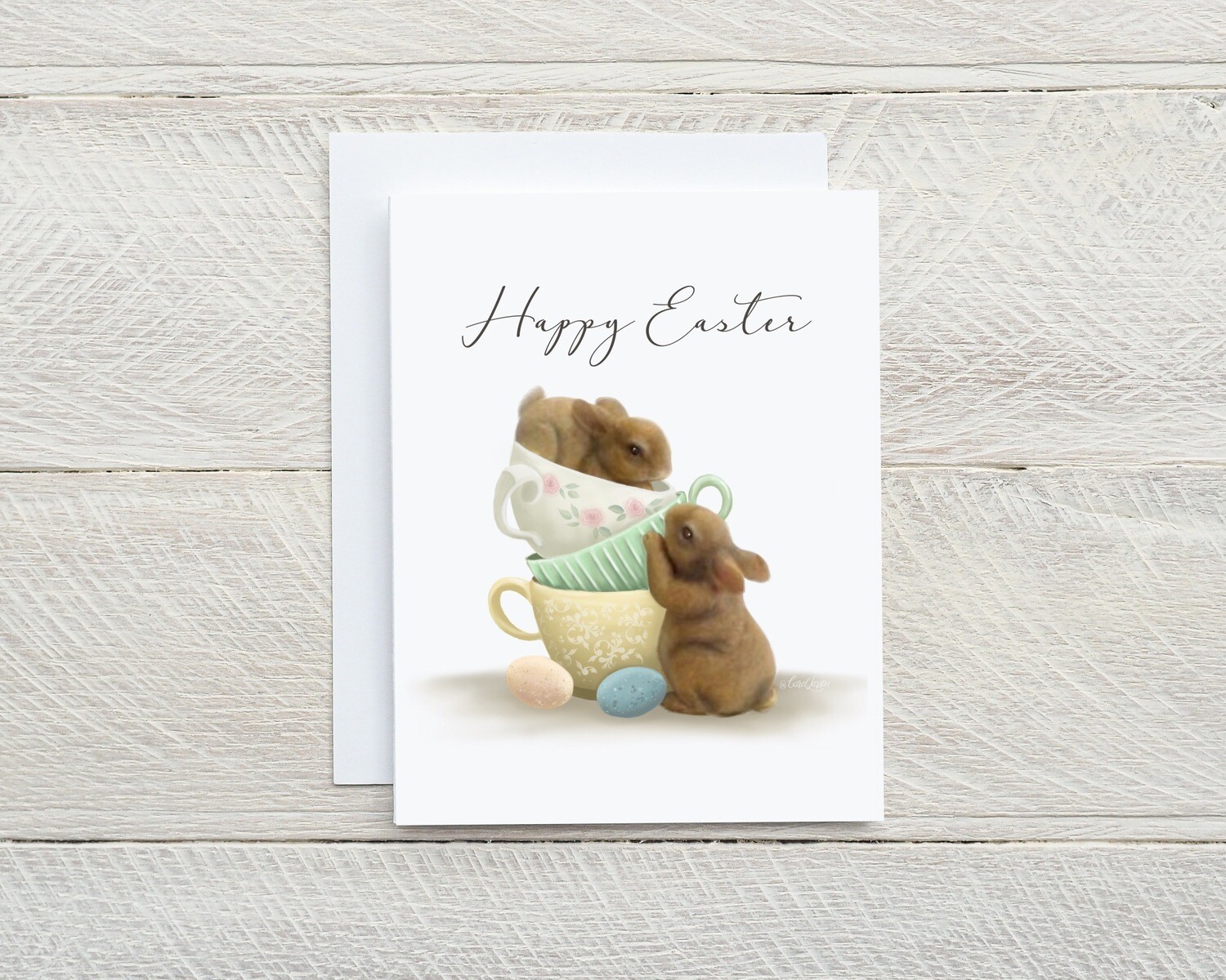 Happy Easter Bunnies in Tea Cups Handmade original design Blank inside,  with white envelope. A2 size. 4.25 x 5.5