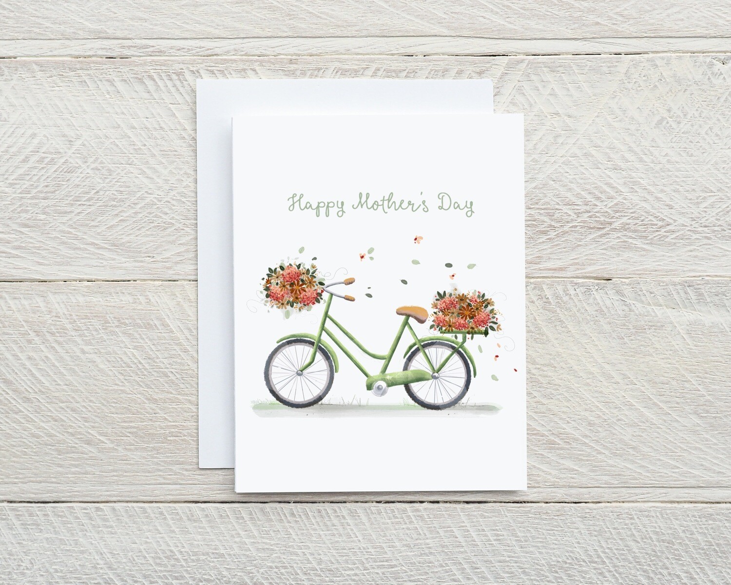 Happy Mother&#39;s Day Card original design Blank inside, bicycle and flowers with white envelope. A2 size. 4.25 x 5.5