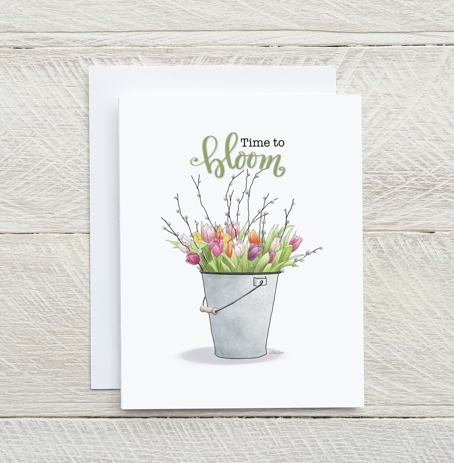 Time to Bloom Handmade original design Blank inside, Flowers in bucket card with white envelope. A2 size. 4.25 x 5.5