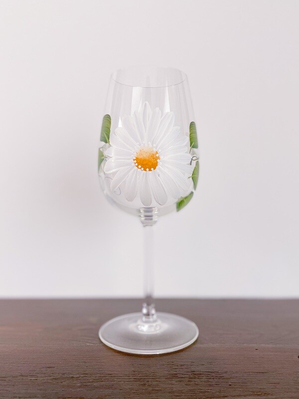 Hand Painted Gerber Daisies - White Stemmed Glasses