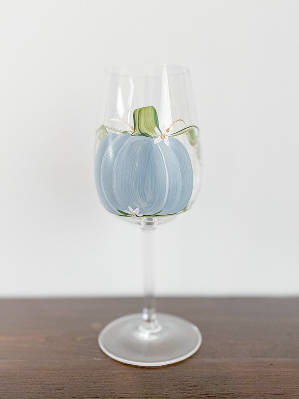 Hand painted Fall Blue Pumpkin Stemmed glasses.