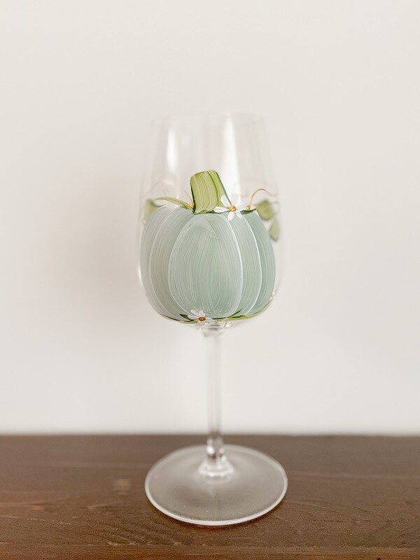 Hand painted Fall Green Pumpkin STEMMED glasses.