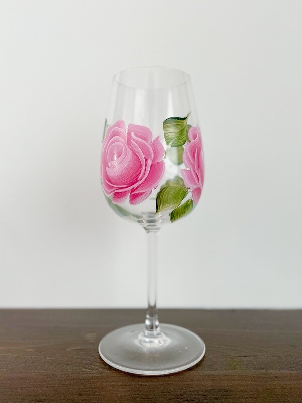 Hand Painted Pink Rose Stemmed Glass
