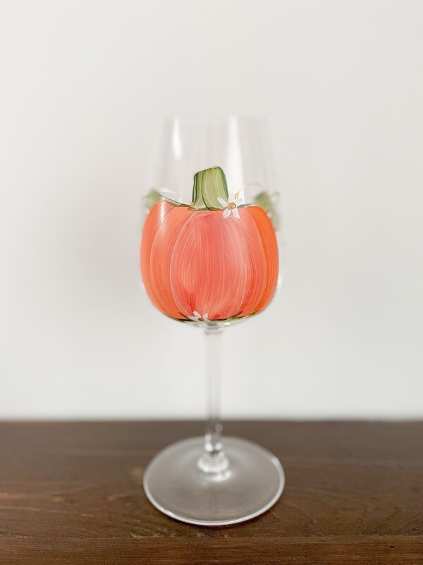 Hand painted Fall Orange Pumpkin Stemmed glasses.