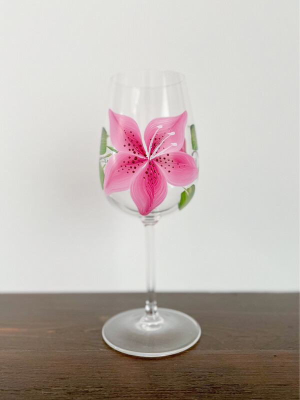 Hand Painted Pink Stargazer Lily Stemmed Glass