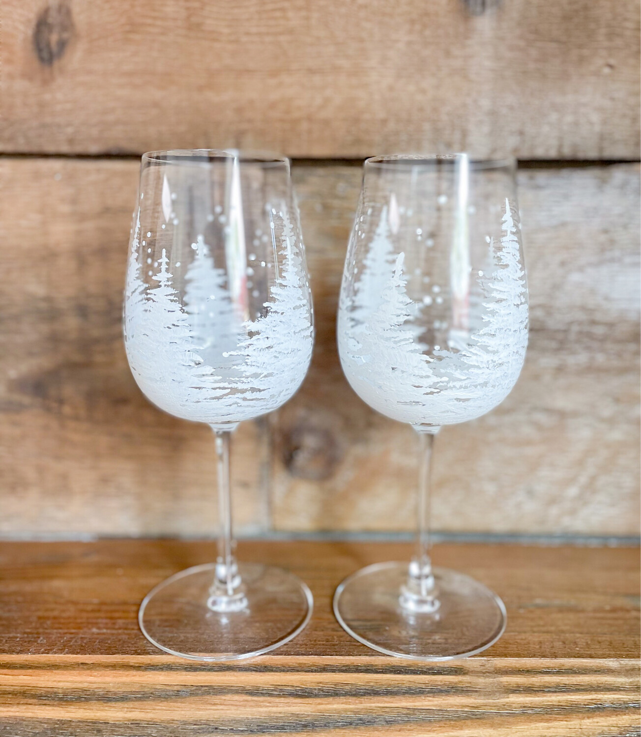Hand painted White Winter Tree Stemmed glass,