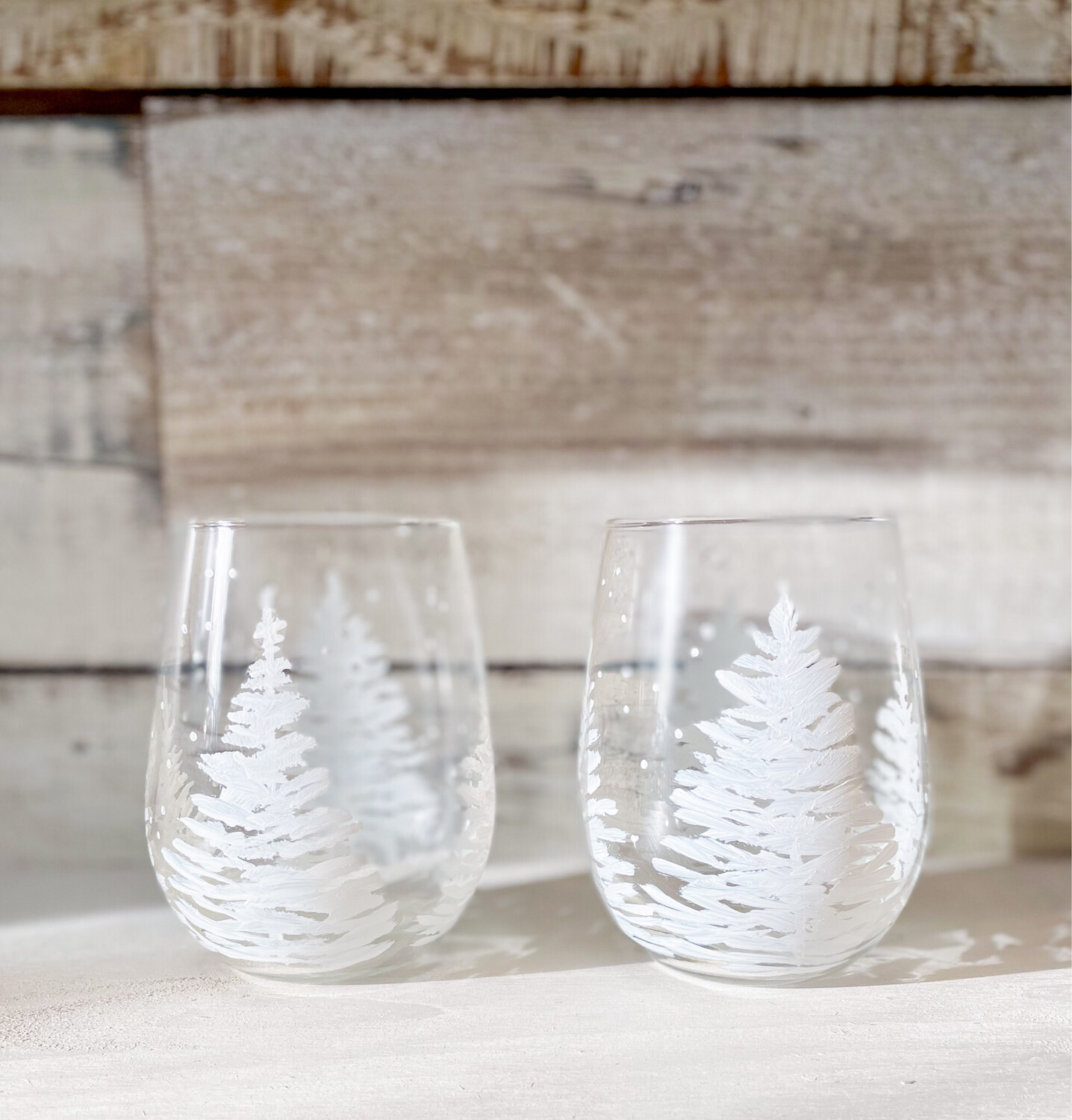 Hand Painted White Winter Trees Christmas Stemless Glass