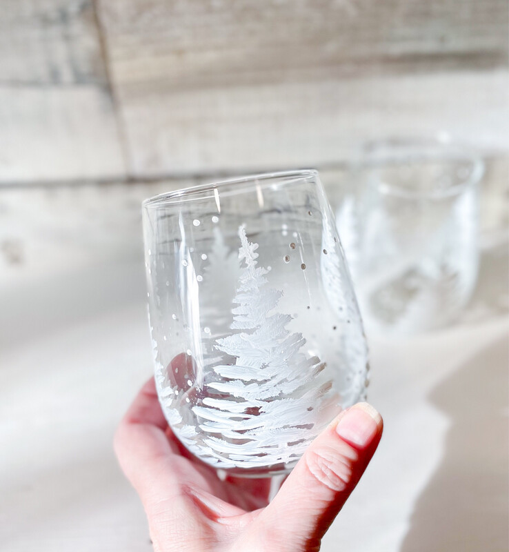 Hand Painted White Winter Trees Christmas Stemless Glass