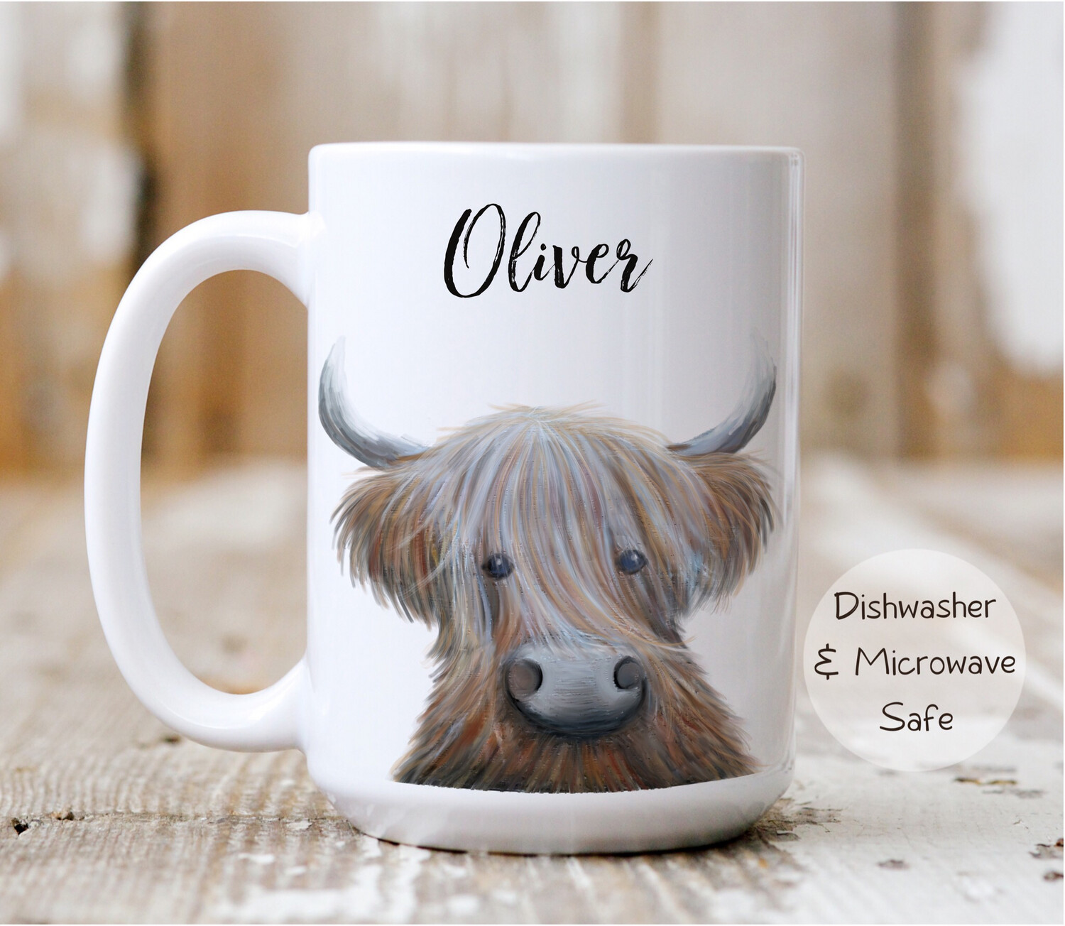 Personalizable Highland Scottish Cow Ceramic Mug 11oz an 15oz sizes