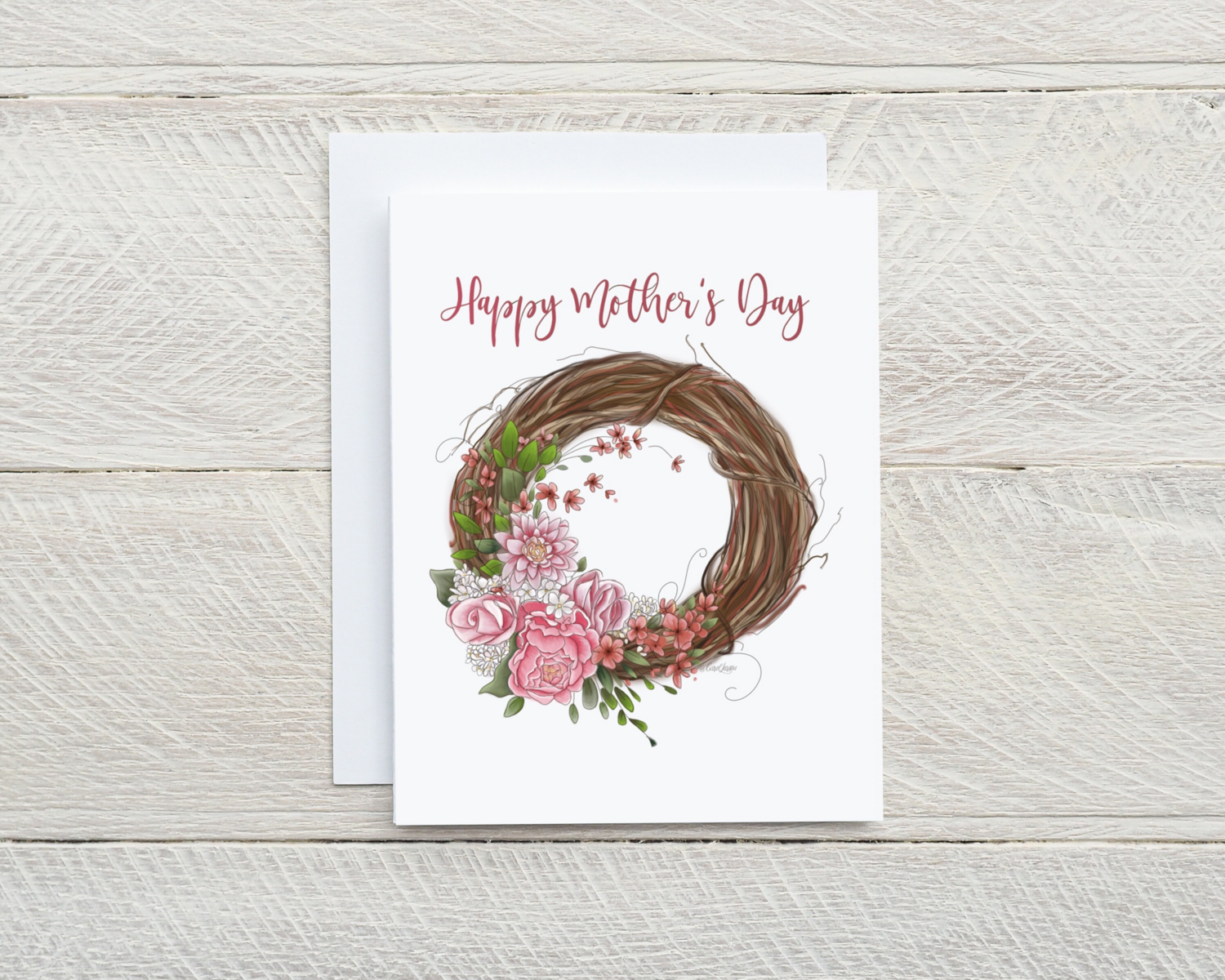 Happy Mother&#39;s Day Card original design Blank inside, Floral Wreath with white envelope. A2 size. 4.25 x 5.5