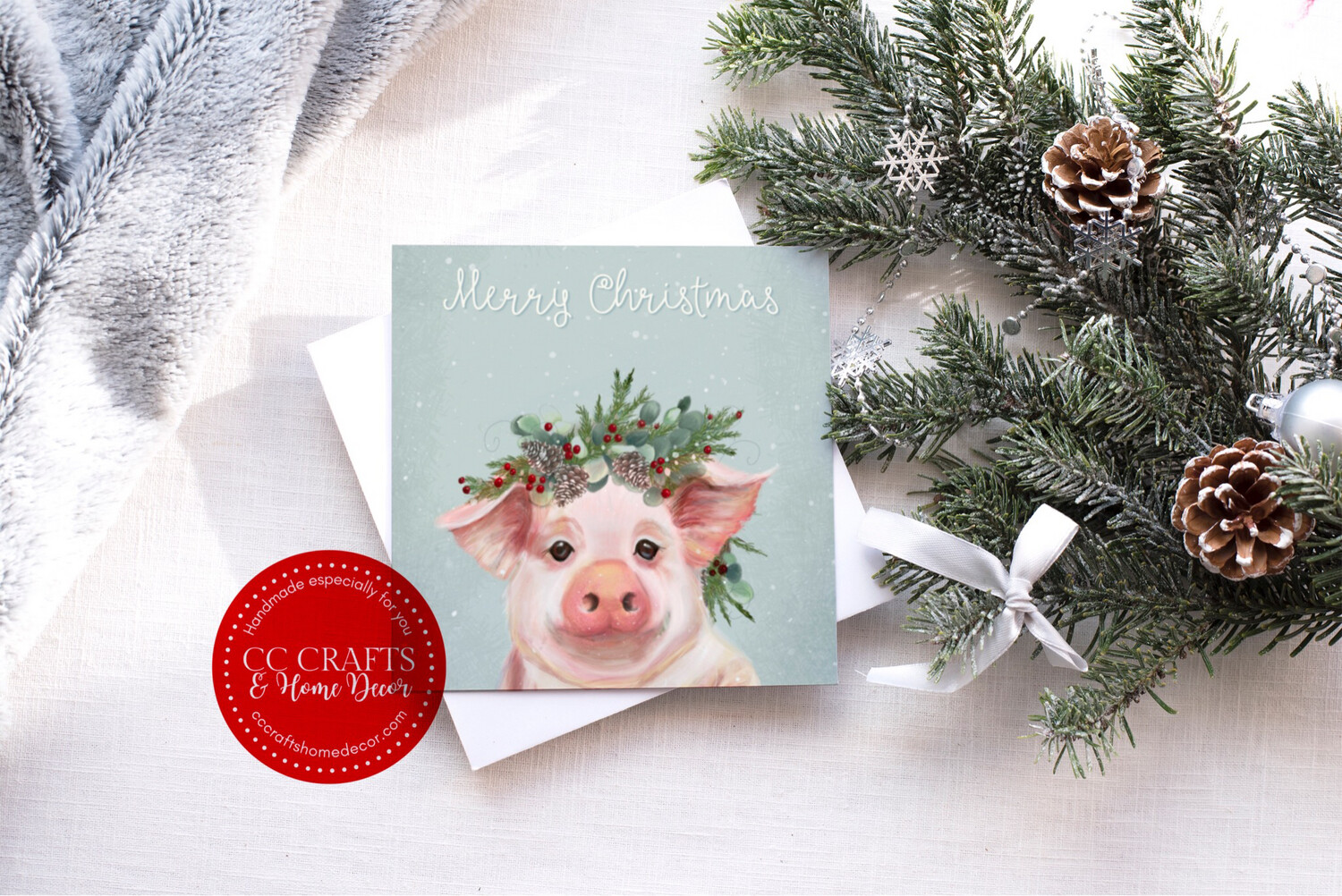 Christmas Pig Card Original Design Blank inside, with white envelope. 5.5” x 5.5”