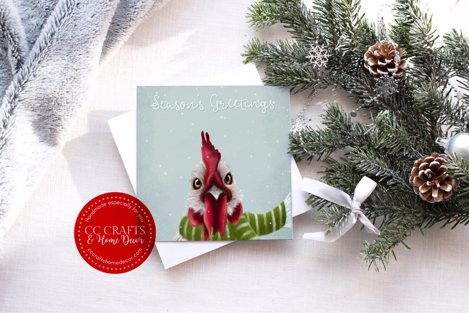 Christmas Chicken with Earmuffs Card Original Design Blank inside, with white envelope. 5.5” x 5.5”