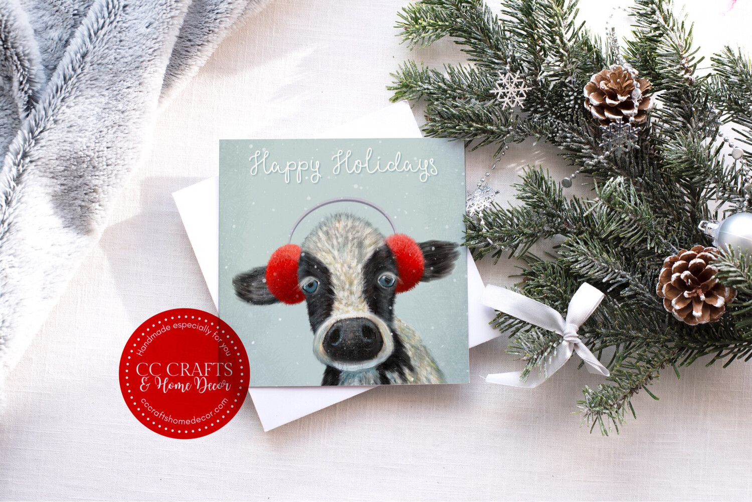 Set Of 6 Christmas Farm Animals Card Original Design Blank inside, with white envelope. 5.5” x 5.5”