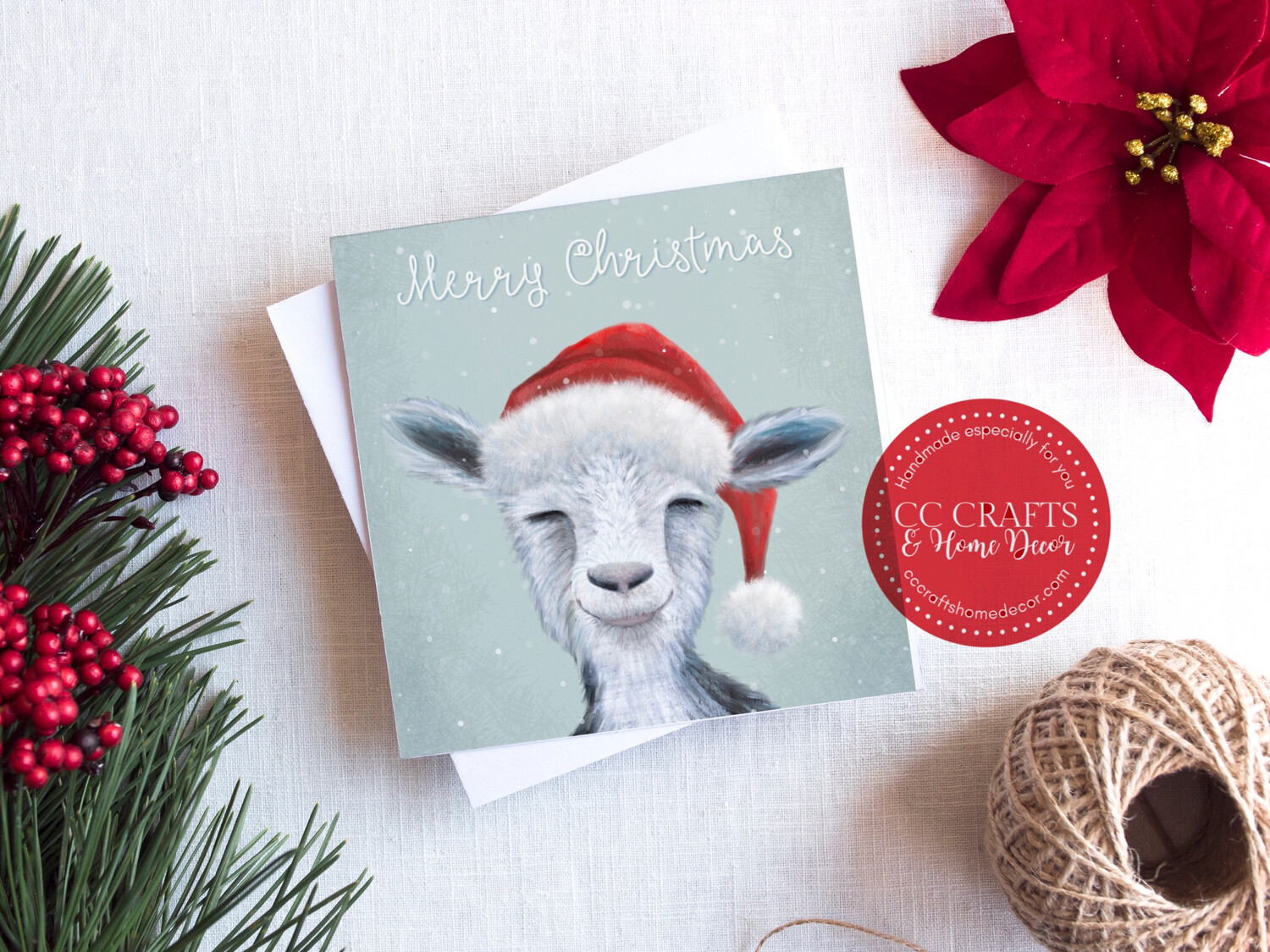 Christmas Goat Card Original Design Blank inside, with white envelope. 5.5” x 5.5”