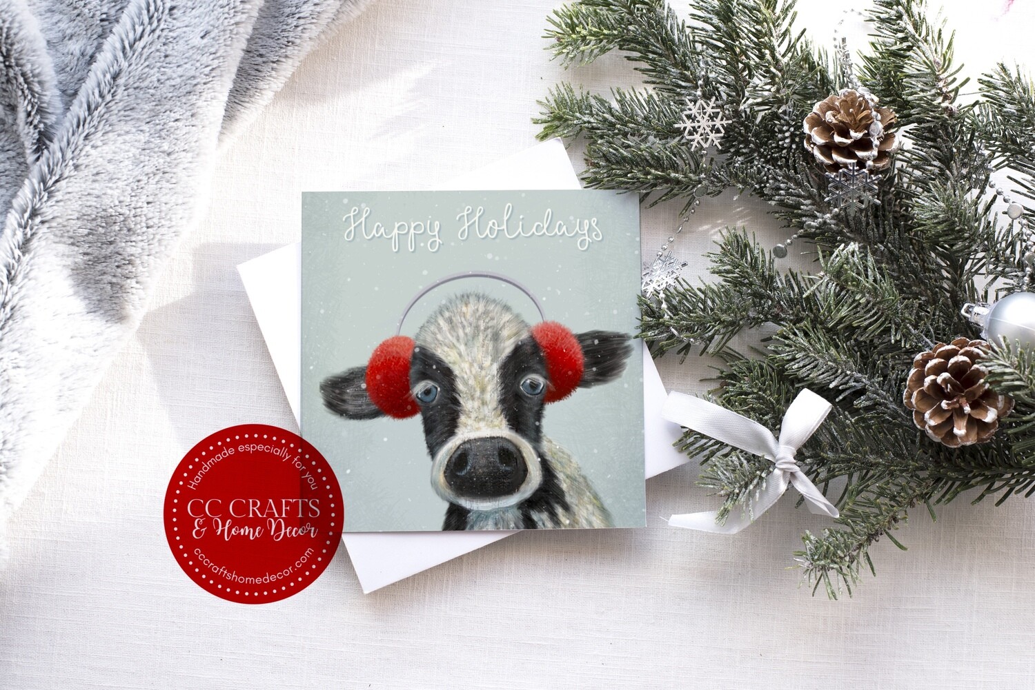 Christmas Cow with Earmuffs Card Original Design Blank inside, with white envelope. 5.5” x 5.5”