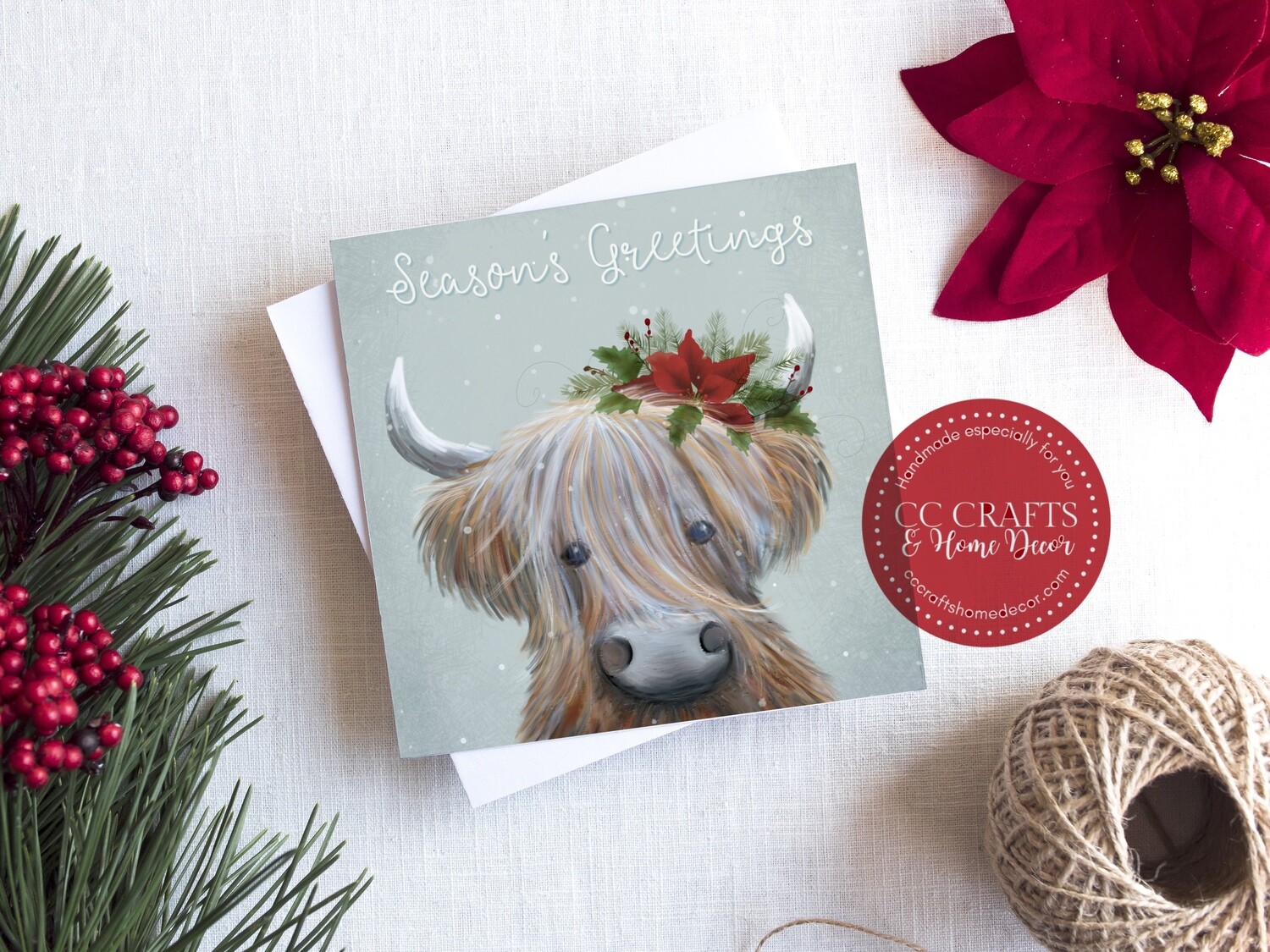 Christmas Highland Cow Card Original Design Blank inside, with white envelope. 5.5” x 5.5”