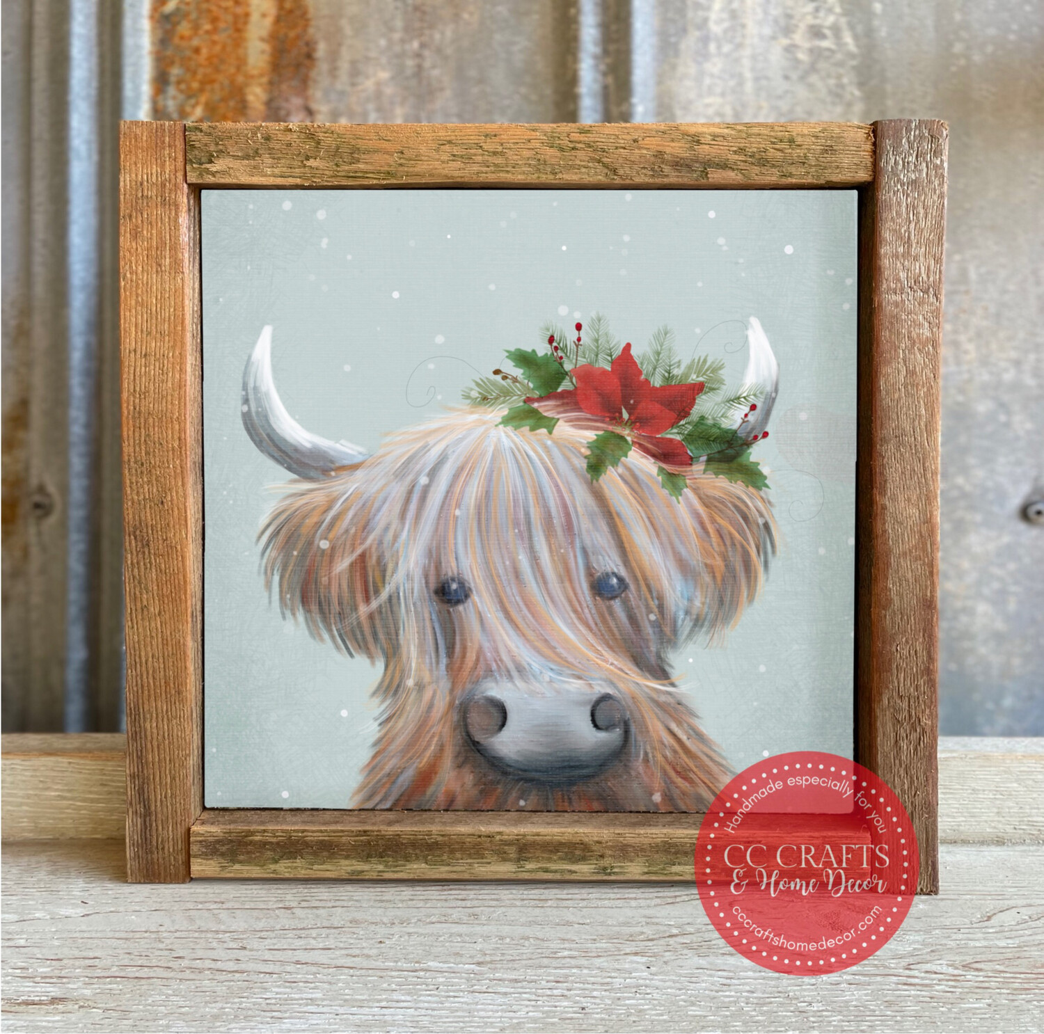 Christmas Highland Cow Canvas Print with Reclaimed Wood Frame