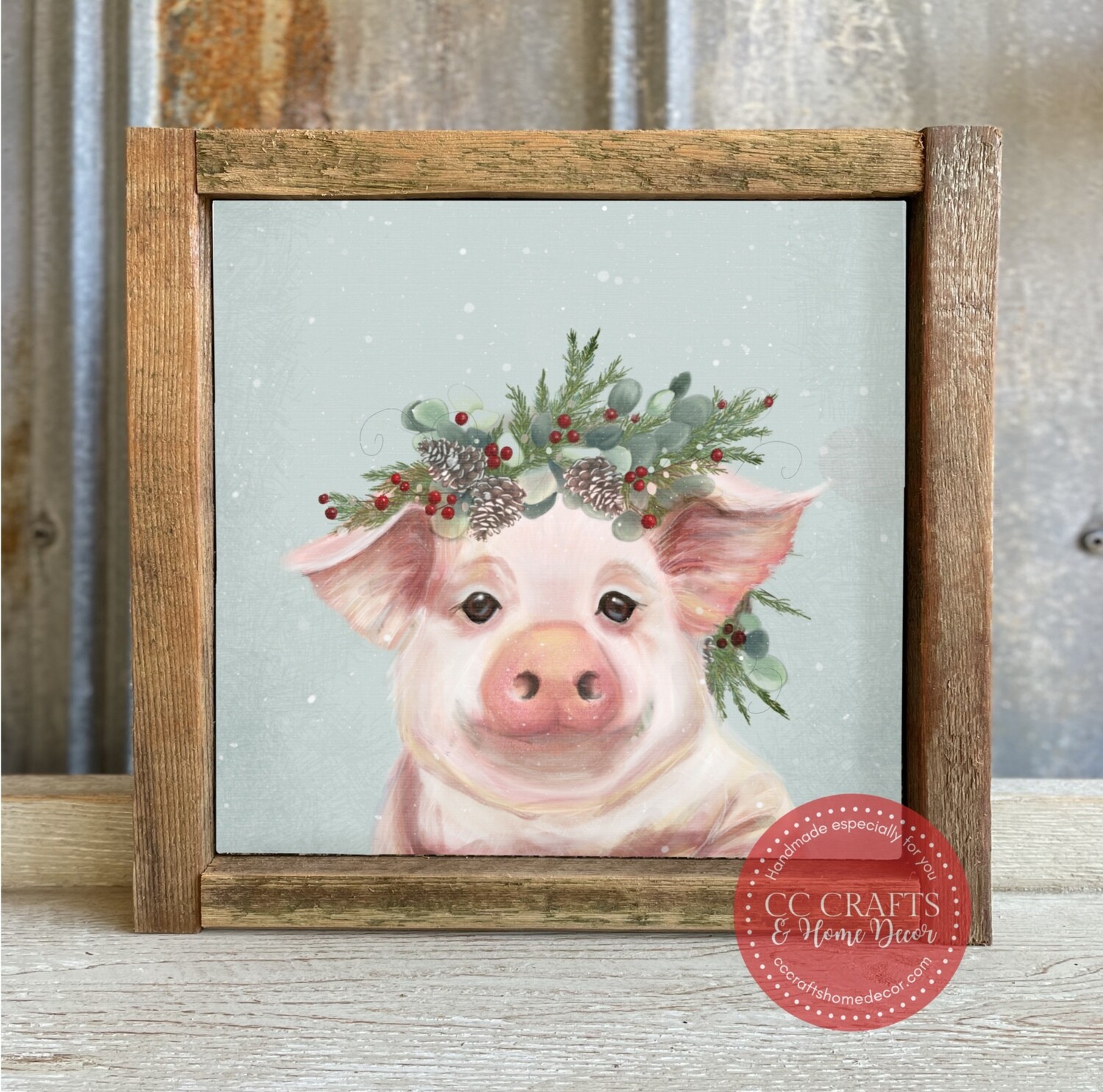 Christmas Pig Cow Canvas Print with Reclaimed Wood Frame