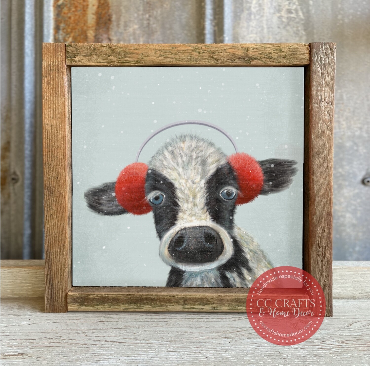 Christmas Black Cow with Earmuffs Canvas Print with Reclaimed Wood Frame