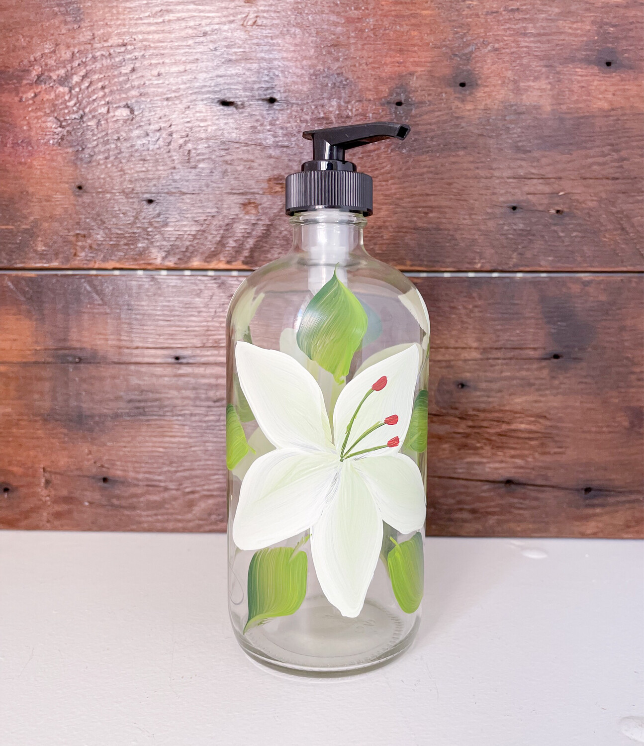 Hand painted White Lily Soap/Lotion Bottle