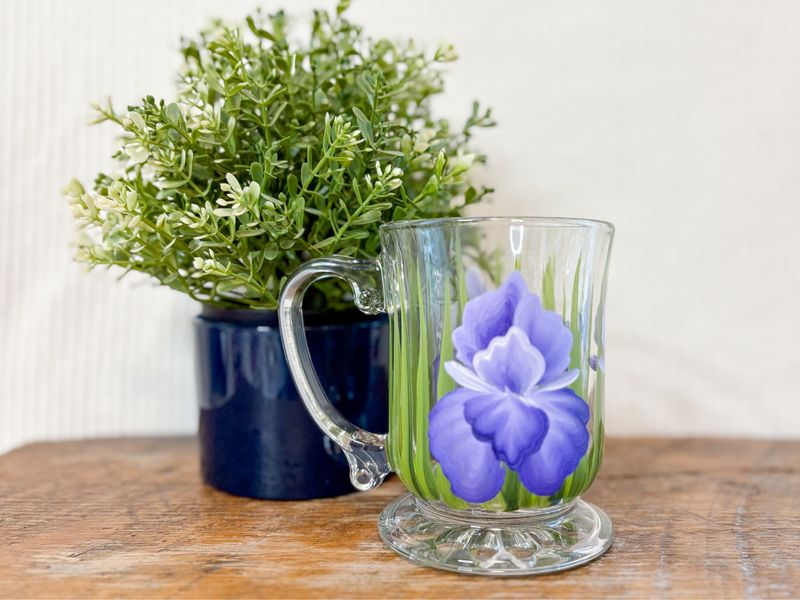 Hand Painted Purple Iris Glass Mug
