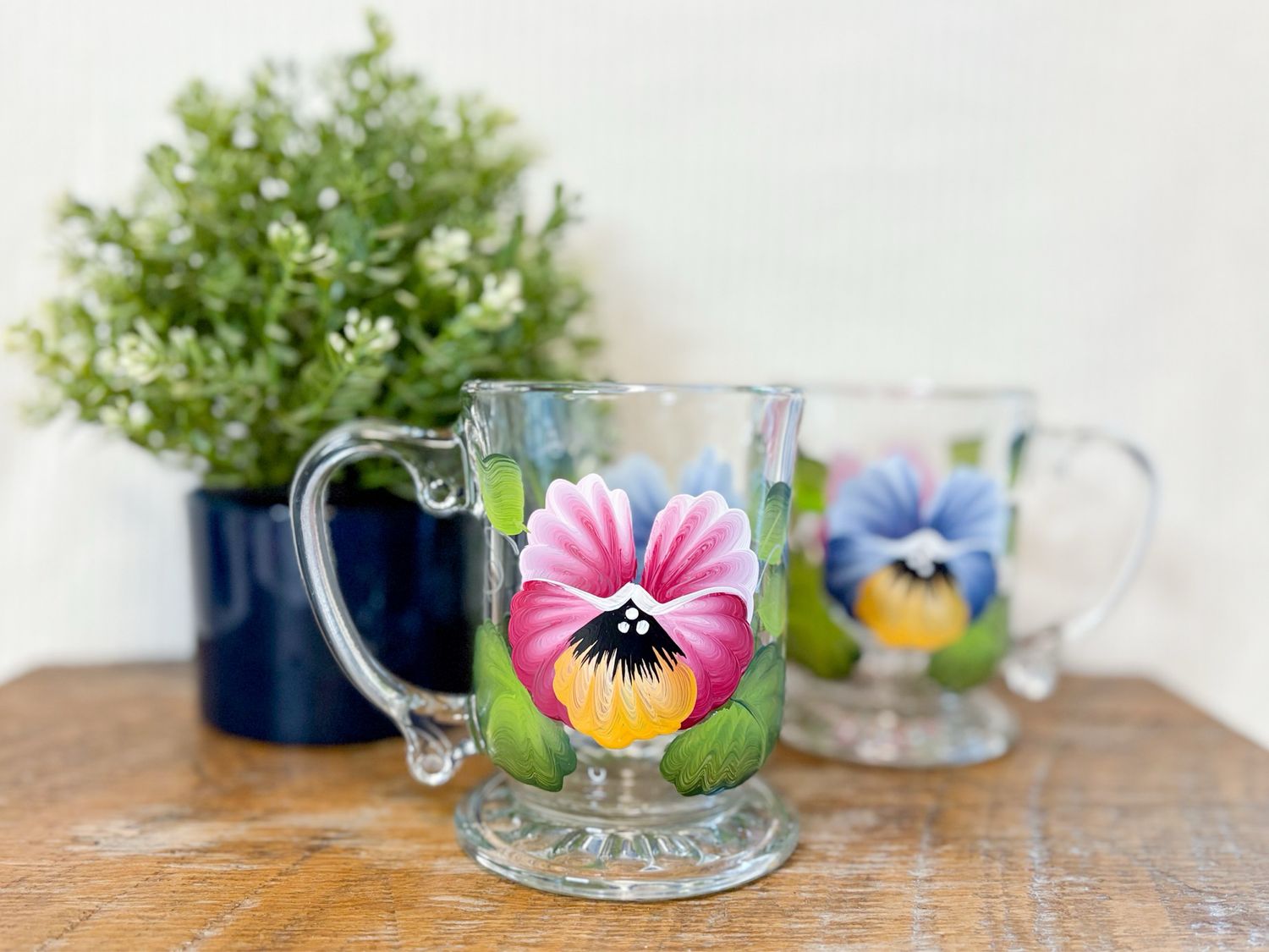 Hand Painted Blue And Pink Pansy Glass Mug