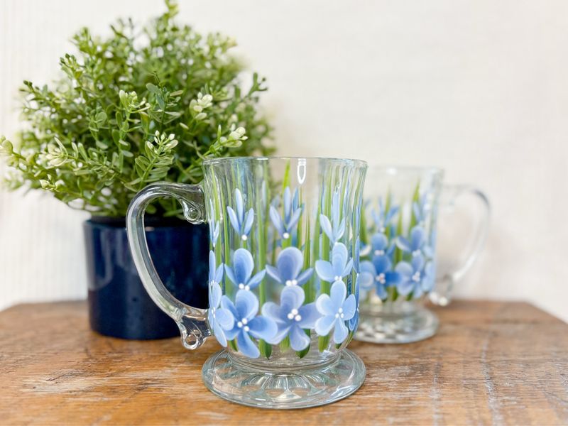Hand Painted Blue Wildflower Glass Mug