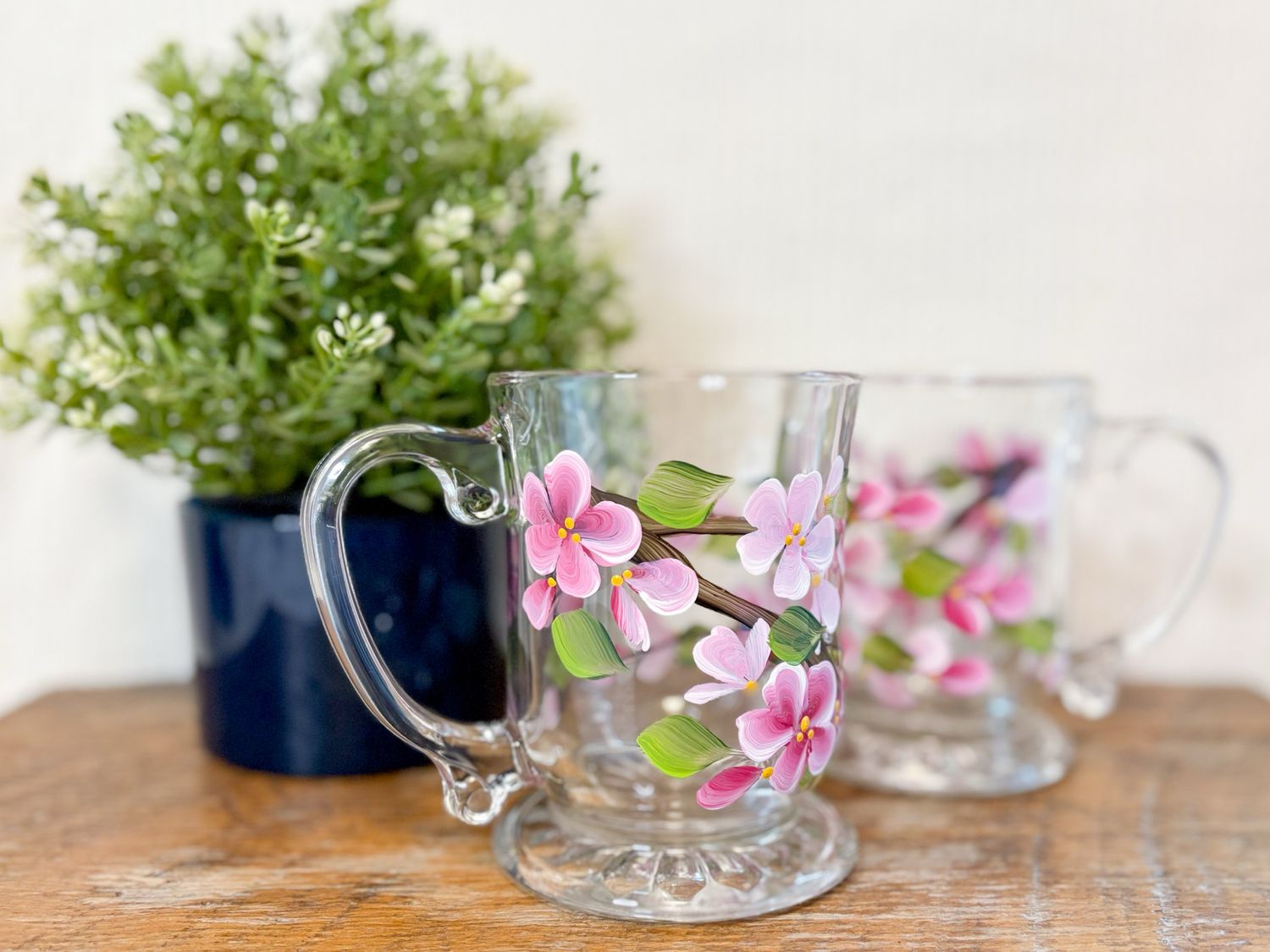 Hand Painted Cherry Blossom Glass Mug