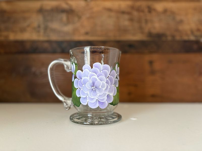 Hand Painted Purple Hydrangea Glass Mug