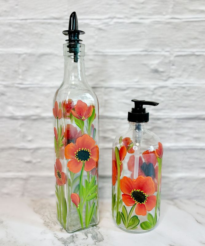 Hand painted Red Poppies Soap/Lotion Bottle