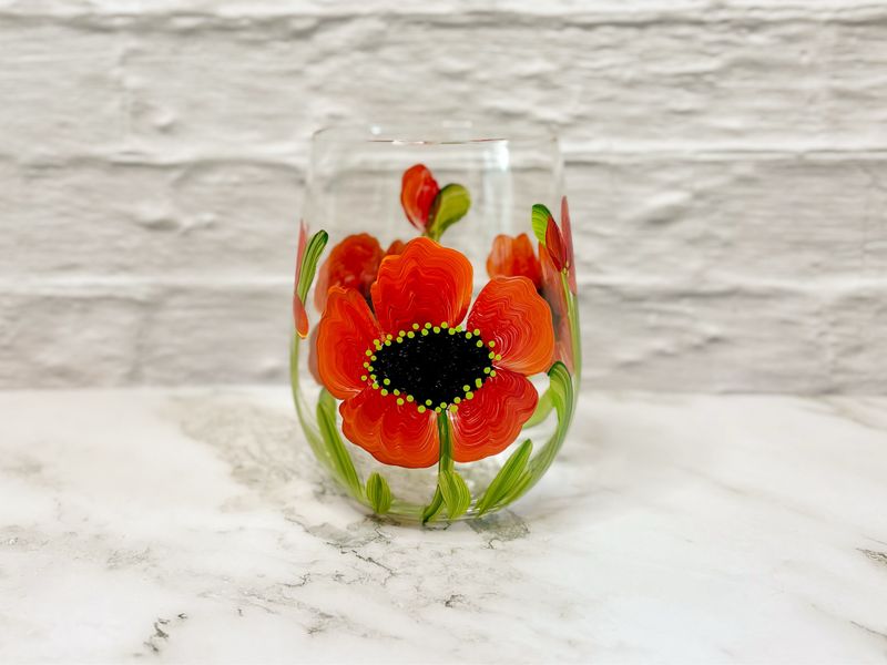 Hand Painted Red Poppy STEMLESS Glass