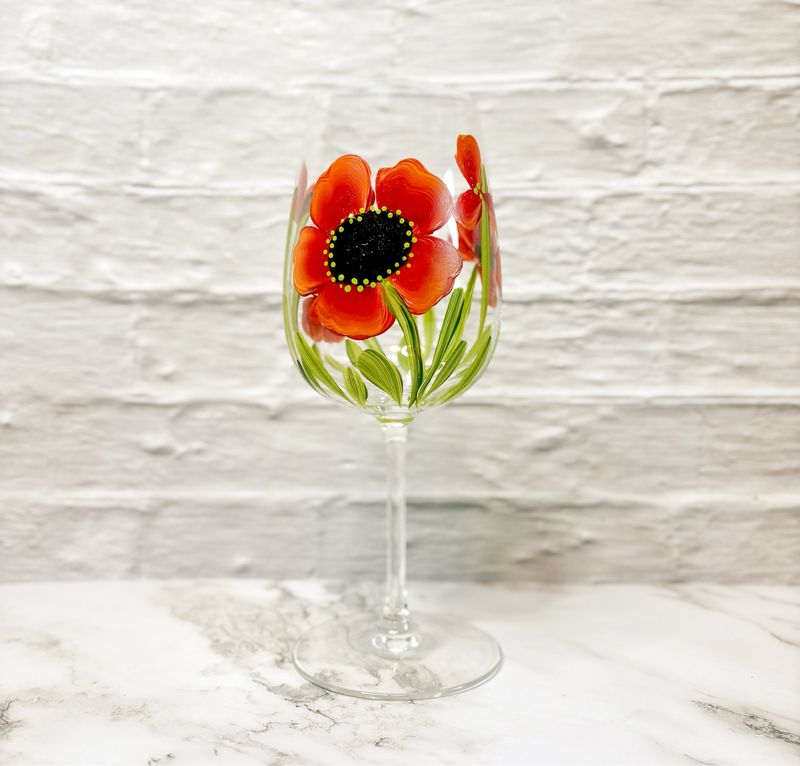 Hand Painted Red Poppies - Stemmed Glasses