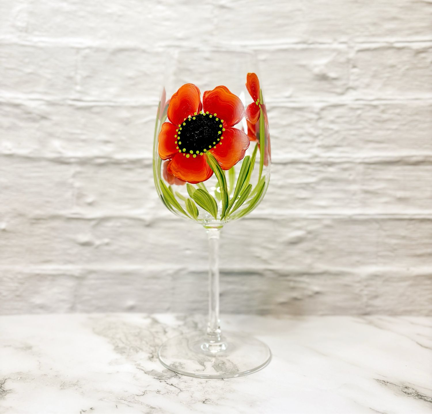Hand Painted Red Poppies - White Stemmed Glasses